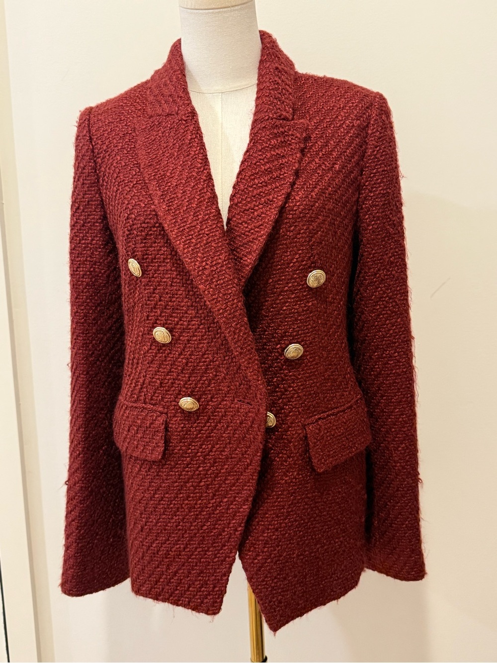 Elie Tahari Double-Breasted Wine Red Bouclé Blazer